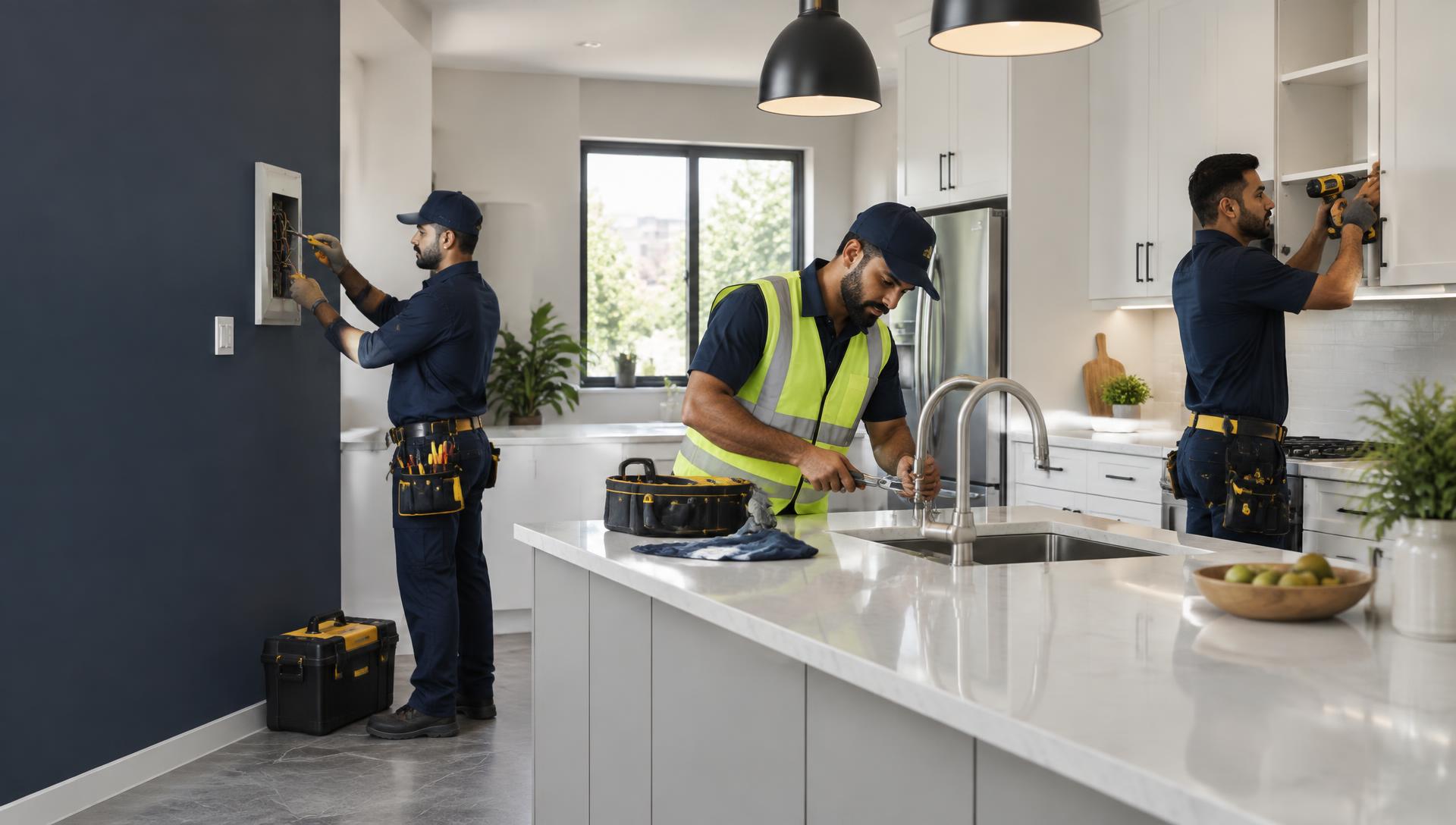 Home repair professionals working inside a kitchen