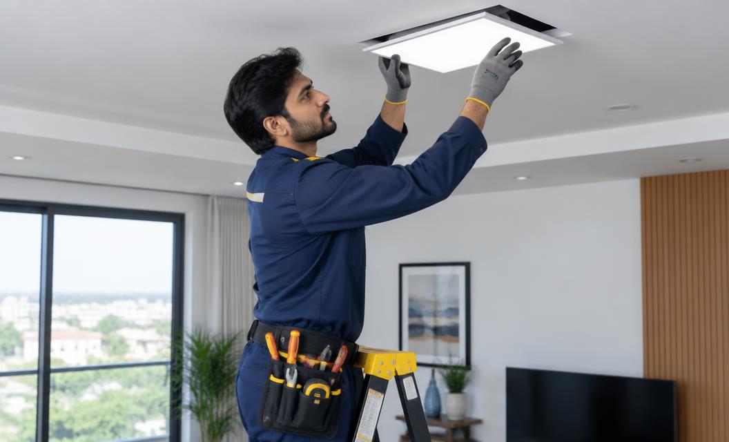 Electrician installing a ceiling light